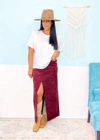 'Dorothy' Ruby Chenille Brushed Stretch Maxi Skirt-The unique cable knit balloon sleeves elevates this hunter green sweater and allows you to dress it up or wear super casual. This amazingly soft sweater will be a new fav.-Cali Moon Boutique, Plainville Connecticut