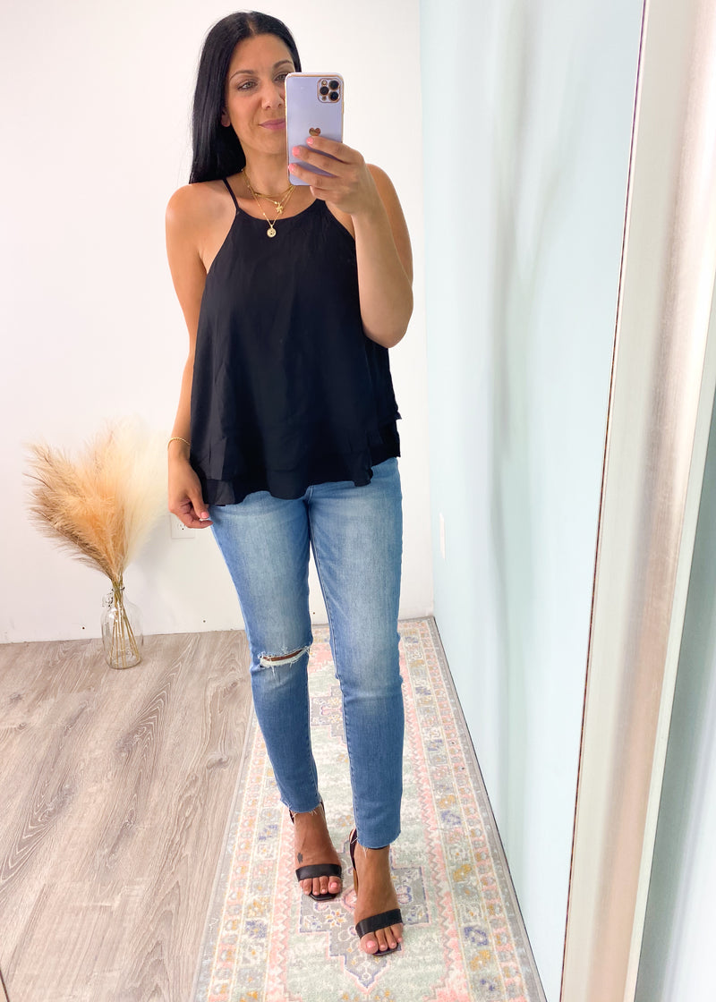 'Modern Day Muse' Black Double Layer Halter Neck Swing Tank-A classic black halter tank top in a super lightweight fabric with a double layer that looks cute tucked in or out! The halter top style adds a fun look for layered necklaces or statement earrings!-Cali Moon Boutique, Plainville Connecticut
