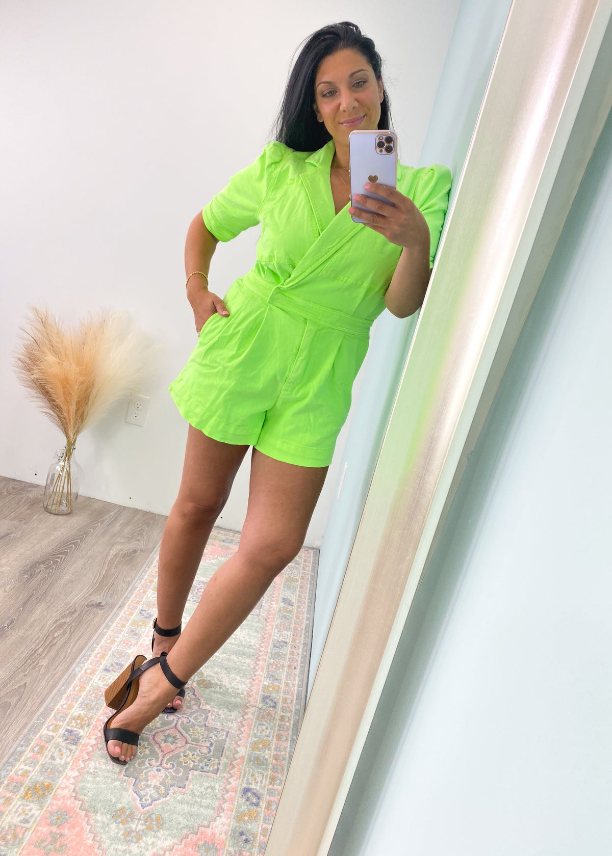 'Lightening Strikes' Shocking Lime Puff Sleeve Stretch Denim Romper-Take a stand against boring outfits in this shocking lime puff sleeve romper! The stretchy denim fabric makes this super easy and comfortable to wear for day trips or nights out! -Cali Moon Boutique, Plainville Connecticut