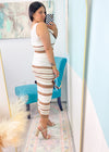 'Sandy Beach' White & Taupe Stripe Crochet Mesh Tank & Midi Skirt Set-The crochet set of our dreams! Lightweight crochet mesh, lined skirt, semi crop tank, clean neutral colors, mix &amp; match to create a bunch of outfits! Dress up or wear it casual chic.-Cali Moon Boutique, Plainville Connecticut