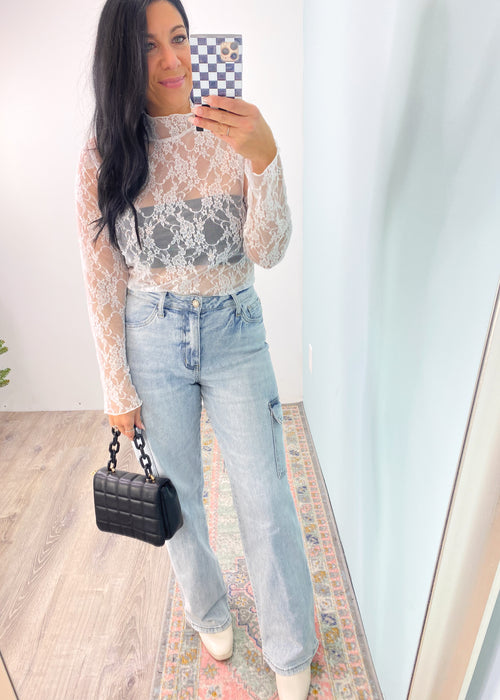 'Delicate Love' White Ruffle Trim Sheer Lace Top-Grab the layering piece of the season! This sheer white lace top can be worn under anything from sweaters, vests and blazers to dresses & jumpsuits! Wear all year! -Cali Moon Boutique, Plainville Connecticut