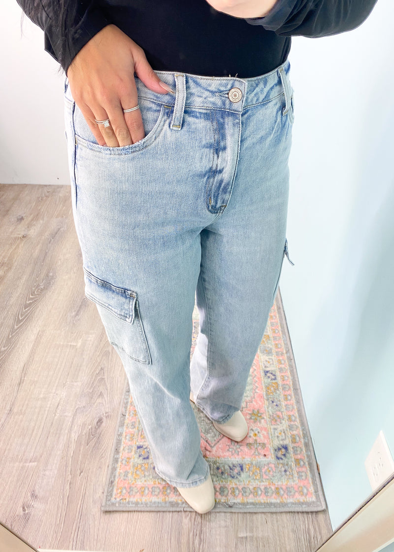 'Natalia' Vervet Light Wash 90's Vintage Straight Cargo Jeans-Going down memory lane in these light wash cargo jeans! These Vervet jeans have the 90's coveted cargo pocket but updated to a modern and chic look! High waist, full length, comfort stretch and straight wide leg. These look adorable with booties and heels just as well as with sneakers! Pair with oversized sweaters or tucked in tops.-Cali Moon Boutique, Plainville Connecticut