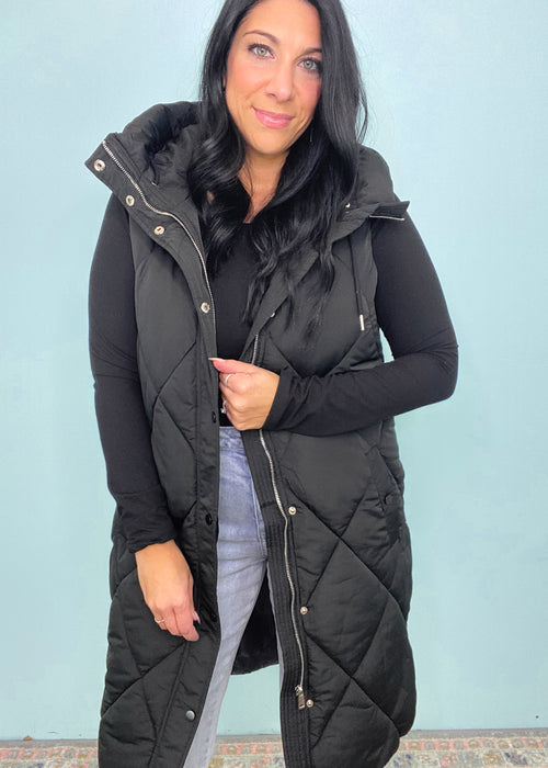 'Peyton' Black Quilted Long Puffer Vest with Hood moo-Stay cozy and super cute all Holiday season and beyond in this comfy lightweight knit robe that has an adorable candy cane & peppermint print! The perfect robe to wear around over your pajamas and while getting ready.-Cali Moon Boutique, Plainville Connecticut