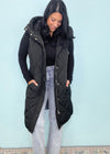 'Peyton' Black Quilted Long Puffer Vest with Hood-Stay cozy and super cute all Holiday season and beyond in this comfy lightweight knit robe that has an adorable candy cane & peppermint print! The perfect robe to wear around over your pajamas and while getting ready.-Cali Moon Boutique, Plainville Connecticut