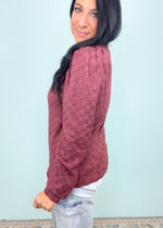 'Check It' Burgundy Brushed Puff Sleeve Jacquard Check Top-This soft brushed top features a tonal jacquard checker print with a puff sleeve detail. It will pull your look together with no effort at all and it can be dressed up or worn casual!-Cali Moon Boutique, Plainville Connecticut