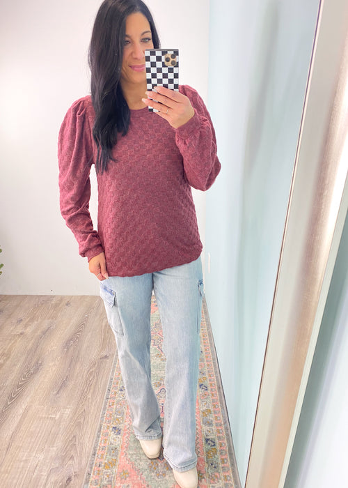 'Check It' Burgundy Brushed Puff Sleeve Jacquard Check Top-This soft brushed top features a tonal jacquard checker print with a puff sleeve detail. It will pull your look together with no effort at all and it can be dressed up or worn casual!-Cali Moon Boutique, Plainville Connecticut