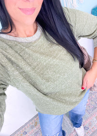 'Cozy Place' Heather Olive Long Sleeve French Terry Soft Tee-This french terry long sleeve tee is super soft with contrast trims and elbow patch details elevating it from solid basic. Wear through multiple seasons and seasonal transitions on its own or layered.&nbsp;-Cali Moon Boutique, Plainville Connecticut