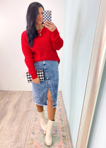 'Brooke' Button Front Stretch Midi Jean Skirt-Stay cozy and super cute all Holiday season and beyond in this comfy lightweight knit robe that has an adorable candy cane & peppermint print! The perfect robe to wear around over your pajamas and while getting ready.-Cali Moon Boutique, Plainville Connecticut