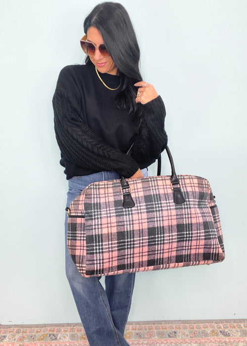 Pink & Gray Plaid Flannel Duffle Weekender Bag-Pink & Gray Plaid Flannel Duffle Weekender Bag-Cali Moon Boutique, Plainville Connecticut