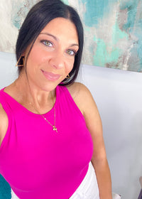 'Bonnie' Neon Hot Pink High Neck Soft Bodysuit-Spice up your shirt collection with this pink dip dyed button front. Lightweight fabric that can be worn alone for Spring/Summer &amp; layered in the Fall. Wear alone or unbuttoned as a layering piece!-Cali Moon Boutique, Plainville Connecticut