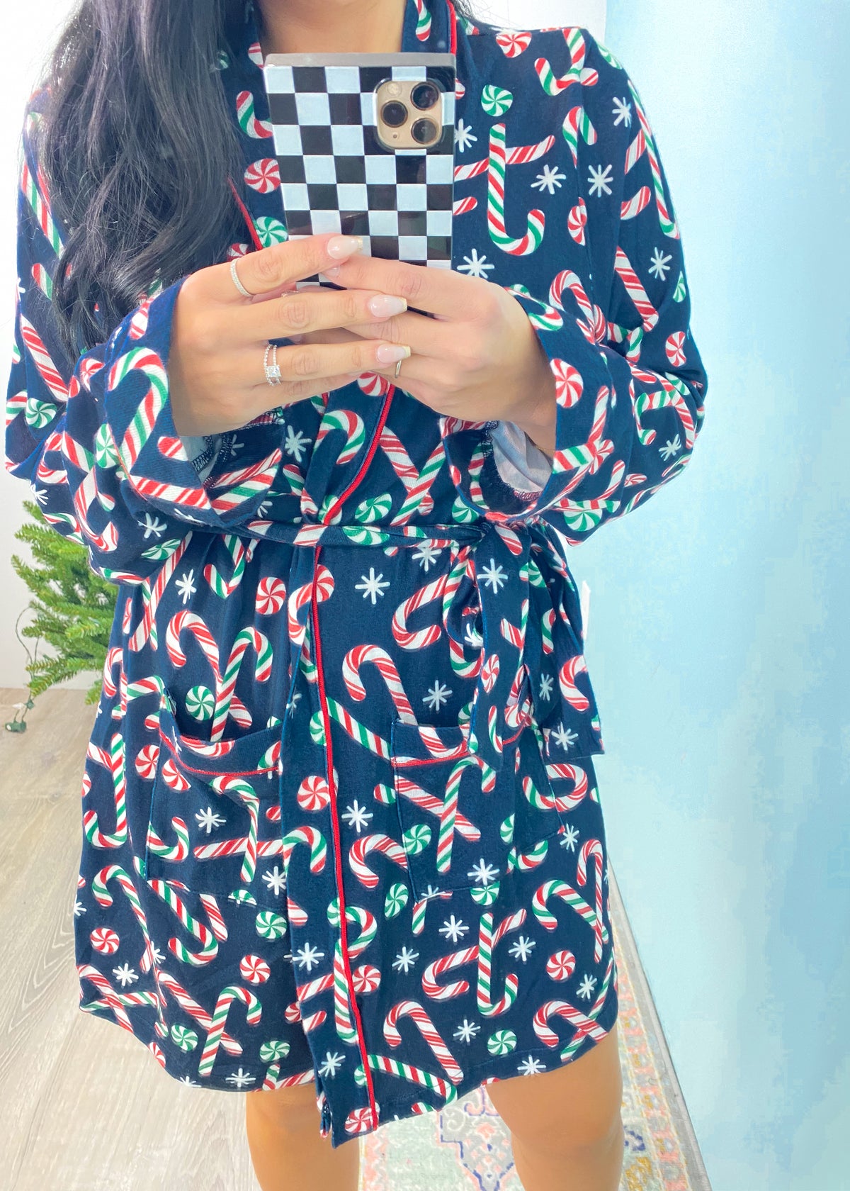 'Candy Cane Lane' Navy Candy Cane Print Lightweight PJ Robe-Stay cozy and super cute all Holiday season and beyond in this comfy lightweight knit robe that has an adorable candy cane & peppermint print! The perfect robe to wear around over your pajamas and while getting ready.-Cali Moon Boutique, Plainville Connecticut
