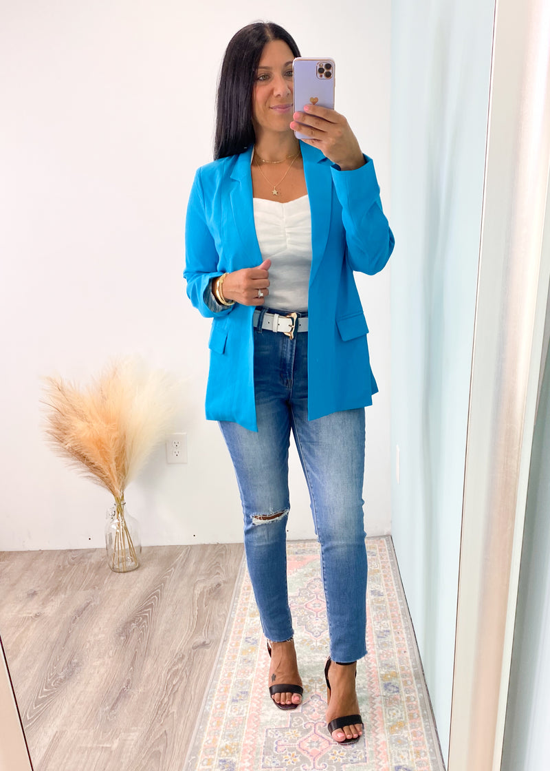 'Shine Bright' Azure Blue Blazer-Stand out in the blazer world with this stunning Azure Blue Blazer! A moveable and luxurious feel fabric with long sleeves that can be cuffed to show off the adorable pinstripe lining.-Cali Moon Boutique, Plainville Connecticut