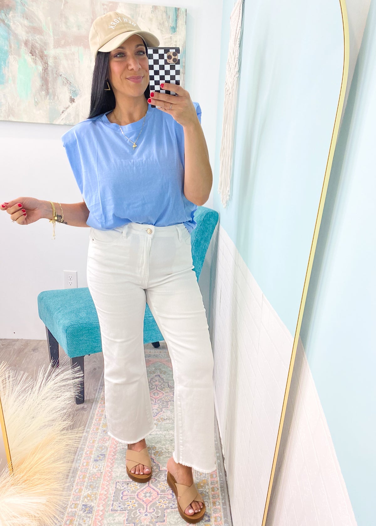 'Sky High' Baby Blue High Shoulder Tee-This padded high shoulder tee is the cutest addition to your tee shirt collection! A stand out chic look that you can wear on casual day dates or nights out. Wear tucked or untucked for different looks.&nbsp;<br>-Cali Moon Boutique, Plainville Connecticut