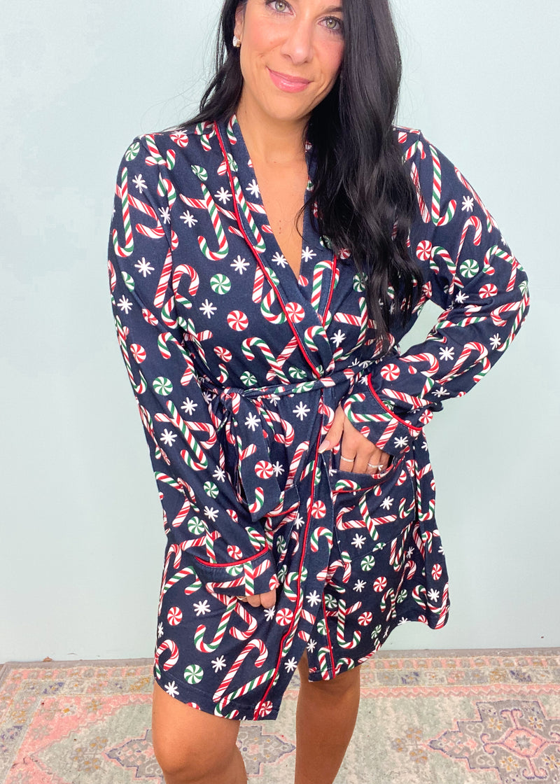 'Candy Cane Lane' Navy Candy Cane Print Lightweight PJ Robe-Stay cozy and super cute all Holiday season and beyond in this comfy lightweight knit robe that has an adorable candy cane & peppermint print! The perfect robe to wear around over your pajamas and while getting ready.-Cali Moon Boutique, Plainville Connecticut