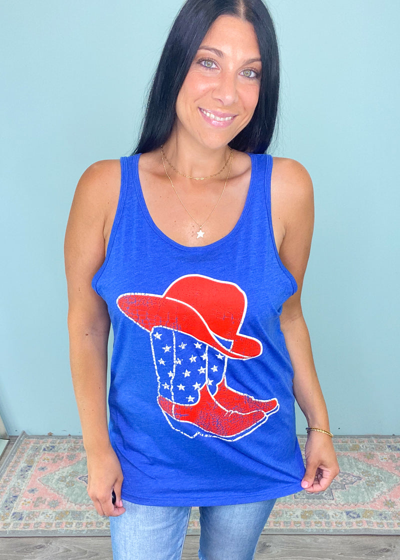 'American Cowgirl' Western Hat & Boots Star Print Tank-Giddy up to your Summer parties in this adorable western hat & boot screen tank featuring a textured graphic and star prints.-Cali Moon Boutique, Plainville Connecticut
