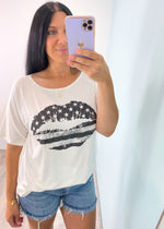 'Star Talk' Off White Top with Tonal Stars & Stripes Lip Graphic-This top is patriotic, sassy & comfy! The super stretchy and soft fabric can be worn on or off the shoulder and looks cute tucked in or out. The stars and stripes print lip graphic is perfect for a tonal take on a Patriotic look!-Cali Moon Boutique, Plainville Connecticut