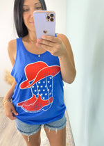 'American Cowgirl' Western Hat & Boots Star Print Tank-Giddy up to your Summer parties in this adorable western hat & boot screen tank featuring a textured graphic and star prints.-Cali Moon Boutique, Plainville Connecticut