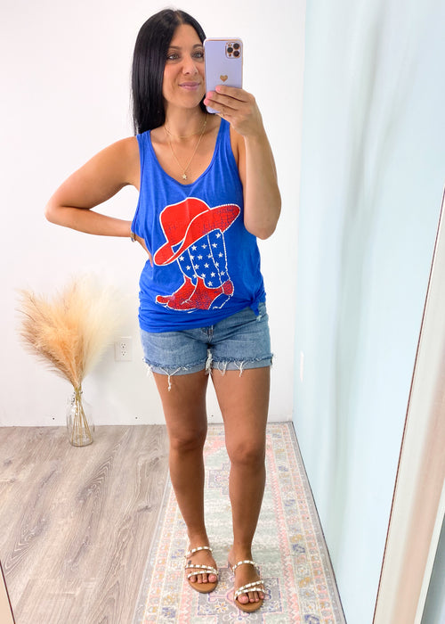 'American Cowgirl' Western Hat & Boots Star Print Tank-Giddy up to your Summer parties in this adorable western hat & boot screen tank featuring a textured graphic and star prints.-Cali Moon Boutique, Plainville Connecticut