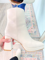 'Catwalk' Cream Heel Bootie-These heeled booties are in the perfect cream color that will match with almost any color you can think of! Wear them dressed up with dresses and skirts or pair with all shades of denim. The cushioned sole will keep you comfy and cute as can be! -Cali Moon Boutique, Plainville Connecticut
