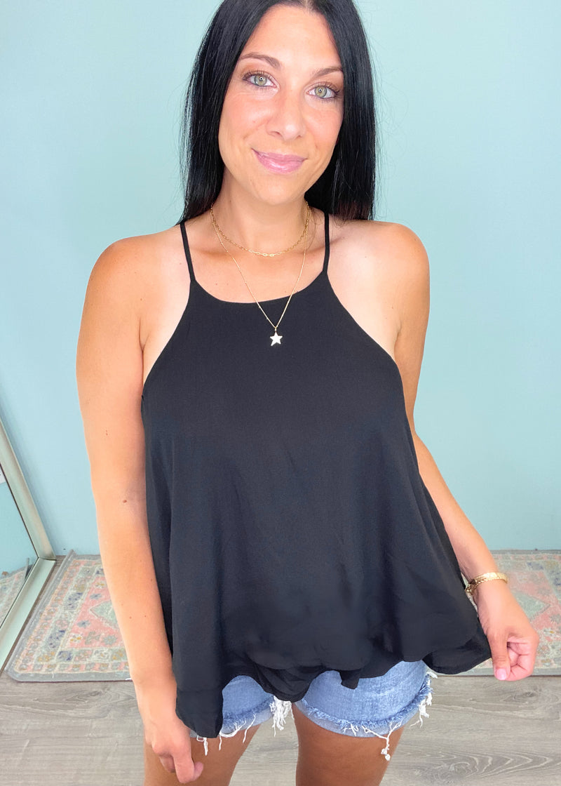 'Modern Day Muse' Black Double Layer Halter Neck Swing Tank-A classic black halter tank top in a super lightweight fabric with a double layer that looks cute tucked in or out! The halter top style adds a fun look for layered necklaces or statement earrings!-Cali Moon Boutique, Plainville Connecticut