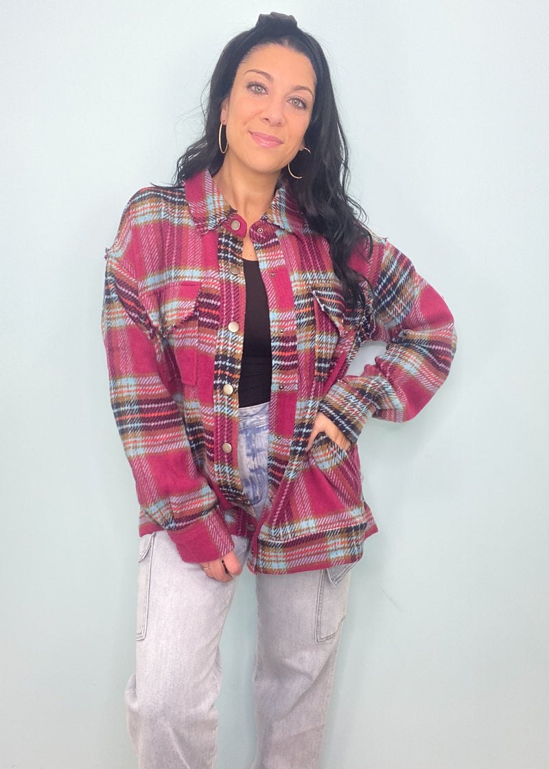 'Sugar Plums' Oversized Plum Plaid Flannel Shacket-This brushed flannel plaid jacket has the most beautiful plum color combination ready for Fall & Winter coziness! It features hints of blue and black as well which pair with any shade of denim and black leggings! An oversized cozy fit.-Cali Moon Boutique, Plainville Connecticut