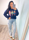 'Nutcracker Sparkle' Navy Faux Sequin Crewneck Sweatshirt-This nutcracker sweater is so cute and festive for the Holiday season! The faux sequin print gives the look of glitter and sparkles! -Cali Moon Boutique, Plainville Connecticut