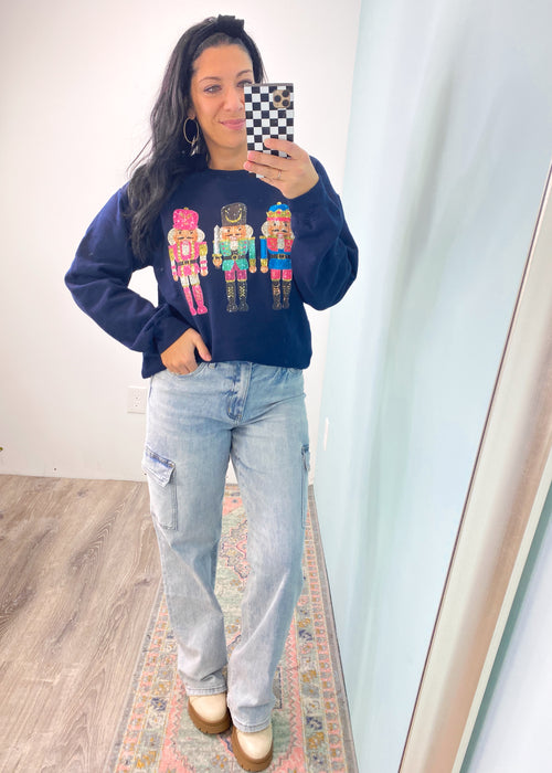 'Nutcracker Sparkle' Navy Faux Sequin Crewneck Sweatshirt-This nutcracker sweater is so cute and festive for the Holiday season! The faux sequin print gives the look of glitter and sparkles! -Cali Moon Boutique, Plainville Connecticut