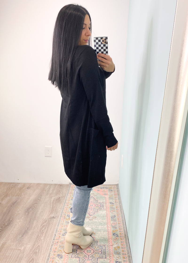 **DOORBUSTER** 'Day Break' Black Longline Pocket Cardigan-You can never have too many classic cardigans! This black longline cardigan has a super soft fabric with stretch and front pockets. A closet staple!-Cali Moon Boutique, Plainville Connecticut
