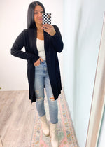 **DOORBUSTER** 'Day Break' Black Longline Pocket Cardigan-You can never have too many classic cardigans! This black longline cardigan has a super soft fabric with stretch and front pockets. A closet staple!-Cali Moon Boutique, Plainville Connecticut
