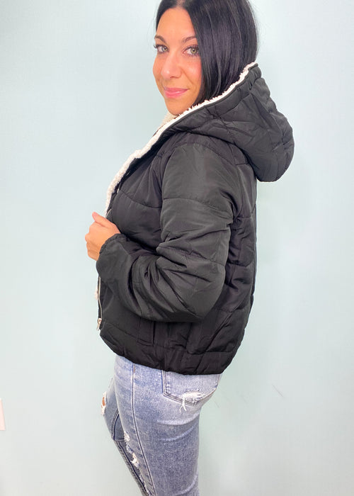Cropped Sherpa Lined Lightweight Puffer Jacket-This lightweight puffer jacket is fluffy and cozy with the softest sherpa lining.-Cali Moon Boutique, Plainville Connecticut