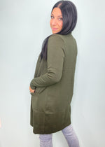 **DOORBUSTER** 'Day Break' Olive Longline Pocket Cardigan-You can never have too many classic cardigans! This black longline cardigan has a super soft fabric with stretch and front pockets. A closet staple!-Cali Moon Boutique, Plainville Connecticut