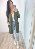 **DOORBUSTER** 'Day Break' Olive Longline Pocket Cardigan-You can never have too many classic cardigans! This black longline cardigan has a super soft fabric with stretch and front pockets. A closet staple!-Cali Moon Boutique, Plainville Connecticut