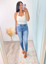 'Marilyn' Off White Retro Style Halter Top Bodysuit-This 50's style halter top bodysuit is Summer ready! It has a feminine and flattering sweetheart neckline and a lightweight fabric that looks amazing with all denim, non denim pants and shorts!-Cali Moon Boutique, Plainville Connecticut