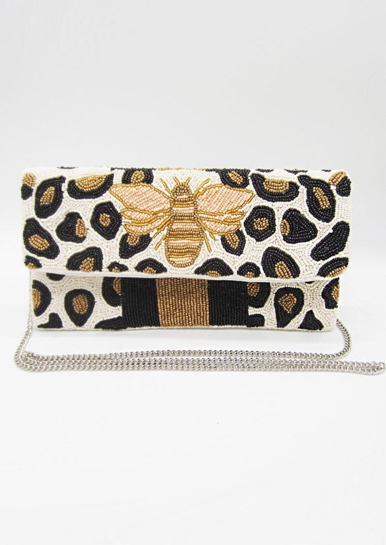 Ivory/Black Leopard & Bee Seed Bead Handbag-Stand out from the crowd with this unique leopard and bee handbag made with seed beads and can be worn as a crossbody, shoulder bag or clutch!-Cali Moon Boutique, Plainville Connecticut