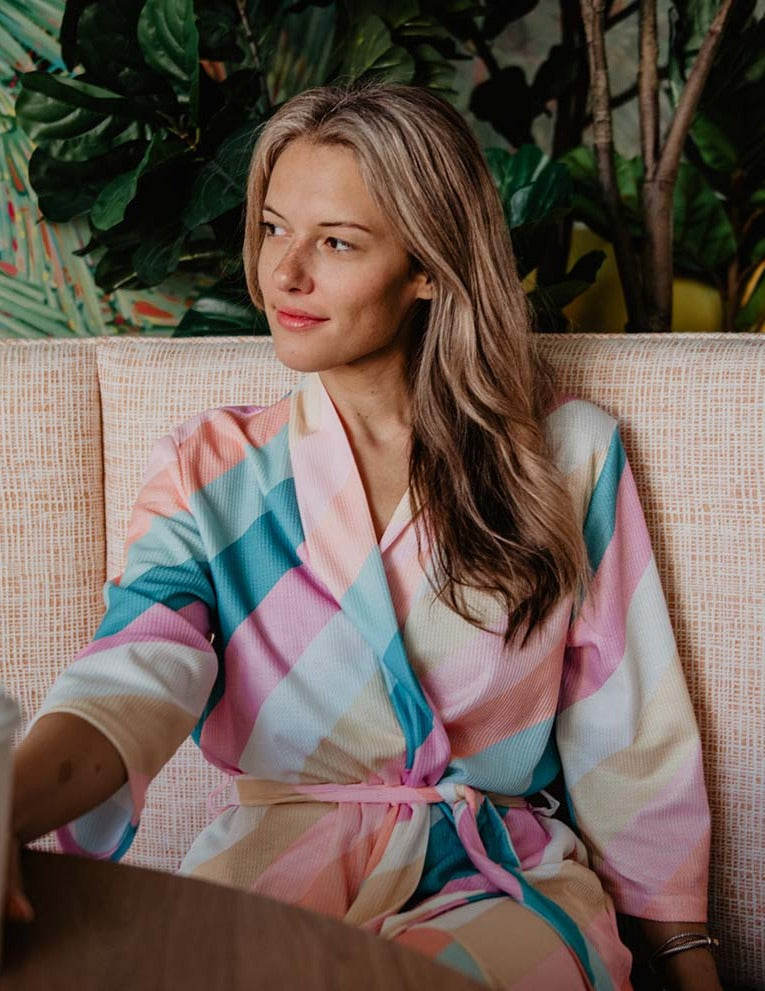Pastel Stripe Robe Robe-KatyDid-Lounge around and look good doing it! Oh and be super comfortable too. This adorable diagonal pastel striped robe is the perfect lounge around & gift giving item! One for you, one for me!-Cali Moon Boutique, Plainville Connecticut