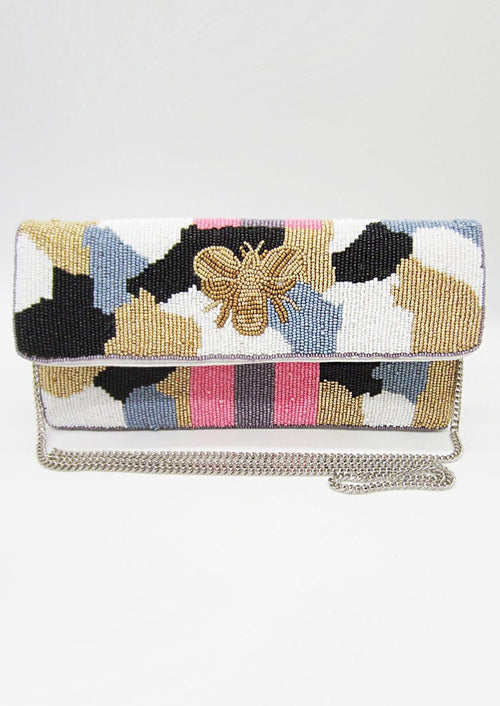 Multi Color Leopard & Bee Seed Bead Handbag-Stand out from the crowd with this unique leopard and bee handbag made with seed beads and can be worn as a crossbody, shoulder bag or clutch!-Cali Moon Boutique, Plainville Connecticut