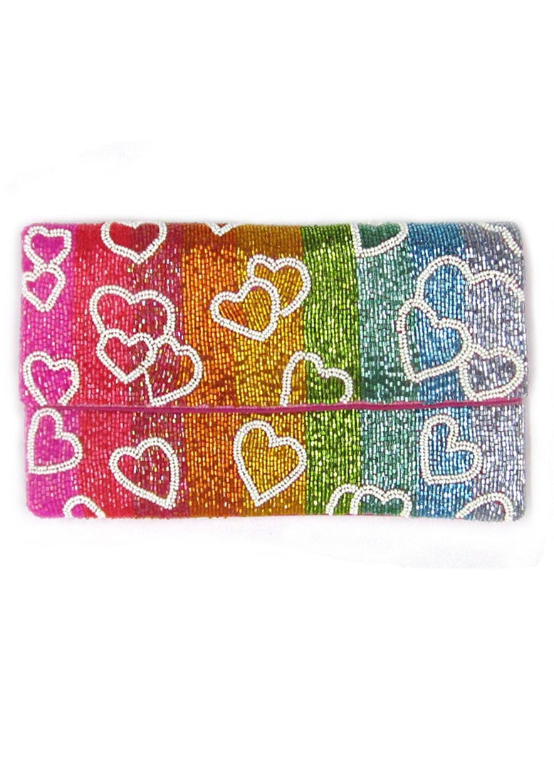 Multi Color Stripe & Hearts Seed Bead Handbag-Stand out from the crowd with this unique rainbow & hearts handbag made with seed beads and can be worn as a crossbody, shoulder bag or clutch!-Cali Moon Boutique, Plainville Connecticut