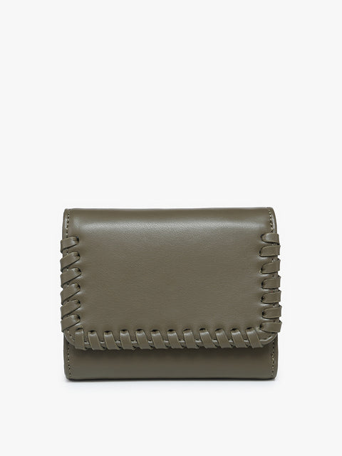 Olive Whipstitch Faux Leather Trifold Mini Wallet-Olive Whipstitch Faux Leather Trifold Mini Wallet-Cali Moon Boutique, Plainville Connecticut