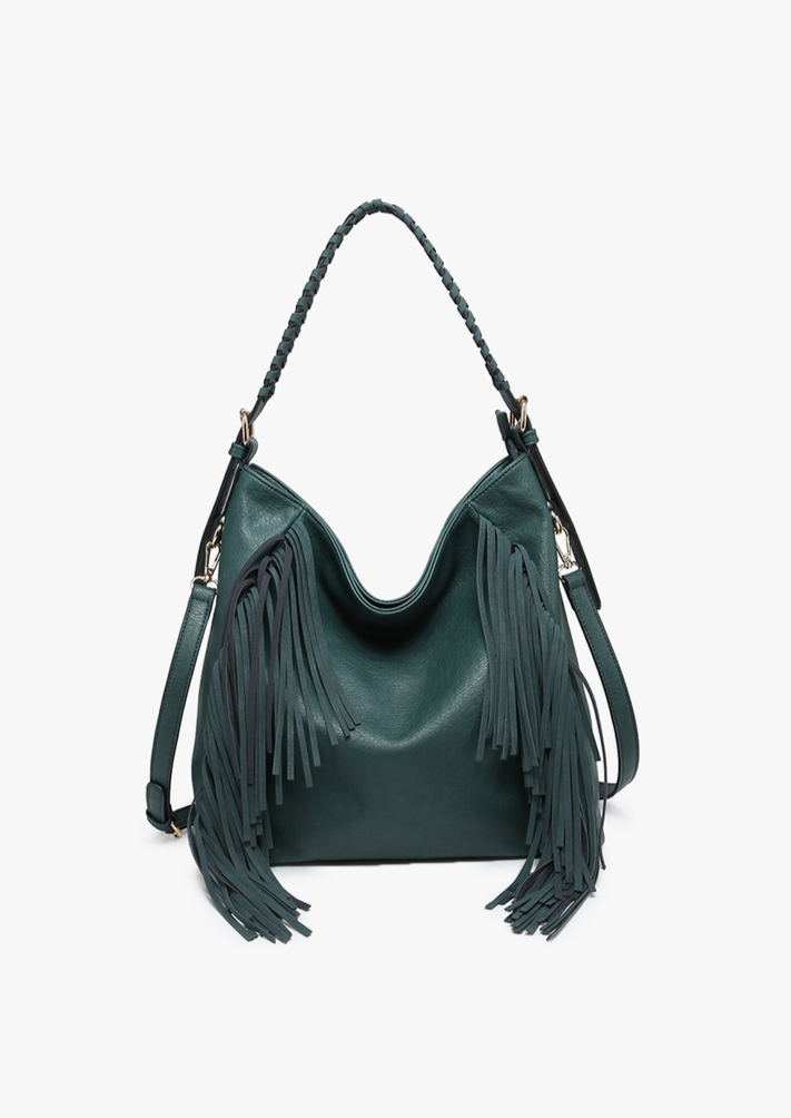 Peacock Green Distressed Faux Leather Fringe Detail Hobo Bag-This gorgeous peacock green slouchy hobo bag has a big city meets small town vibe! The luxurious soft faux leather has a vintage distressed feel and you will love every single detail on this including the braided strap and fringe details. An instant add to cart moment!
-Cali Moon Boutique, Plainville Connecticut