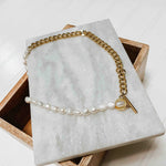 Waterproof Pearl & Chainlink Necklace-Clear Rhinestone Studs-Cali Moon Boutique, Plainville Connecticut