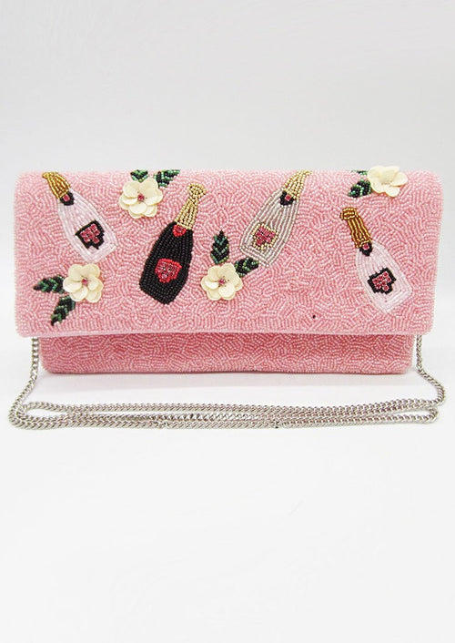 Pink Champagne Bottle Seed Bead Handbag-Stand out from the crowd with this unique champagne handbag made with seed beads and can be worn as a crossbody, shoulder bag or clutch! Great for Bridesmaids gifts!-Cali Moon Boutique, Plainville Connecticut