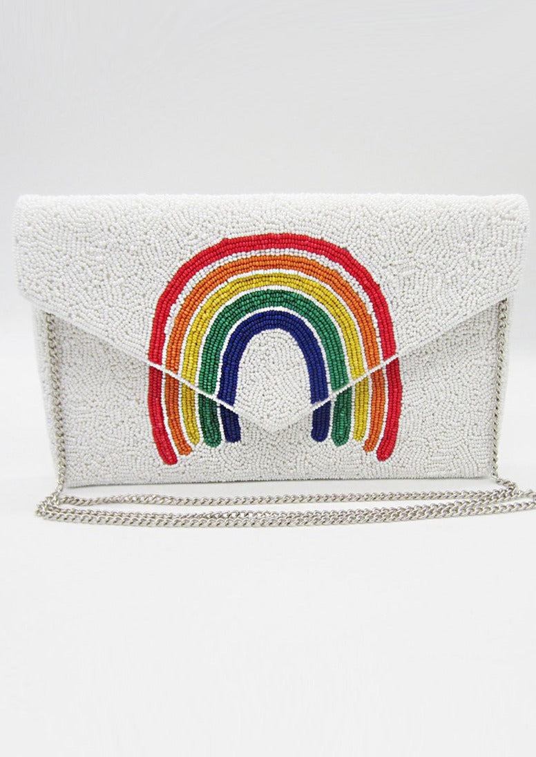 White Rainbow Seed Bead Handbag-Stand out from the crowd with this unique rainbow design handbag made with seed beads and can be worn as a crossbody, shoulder bag or clutch!-Cali Moon Boutique, Plainville Connecticut