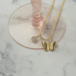 Butterfly Necklace Charm with Crystals-Butterfly charm features a gold butterfly with crystal accents. Removable and interchangeable to layer with other charms on your favorite necklaces! Looks great with our Baby Ball, Skinny Rope and Mini Paperclip Chains! -Cali Moon Boutique, Plainville Connecticut