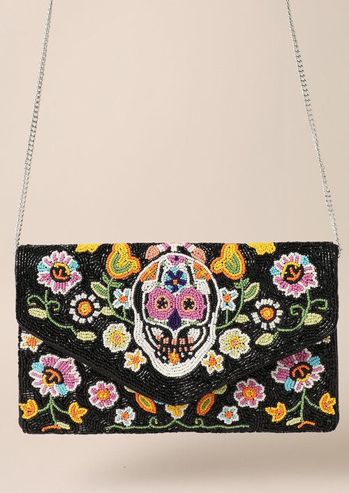 Black Multi Color Sugar Skull Seed Bead Handbag-Stand out from the crowd with this unique sugar skull handbag made with seed beads and can be worn as a crossbody, shoulder bag or clutch!-Cali Moon Boutique, Plainville Connecticut
