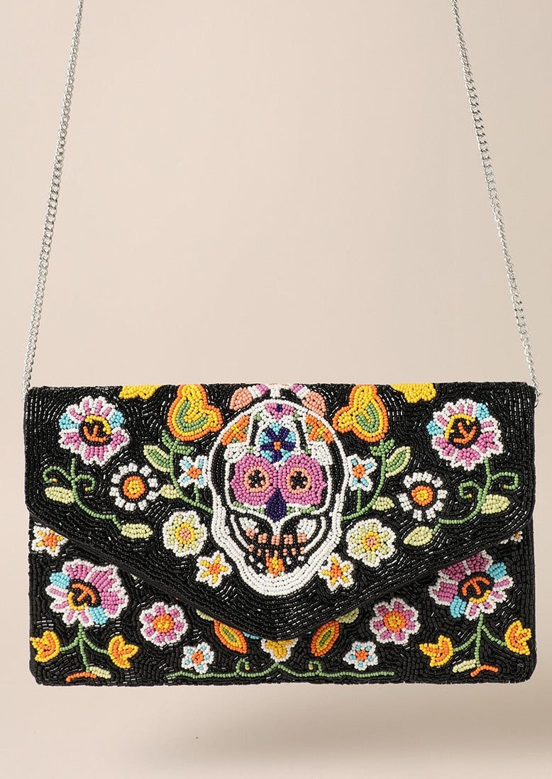 Black Multi Color Sugar Skull Seed Bead Handbag-Stand out from the crowd with this unique sugar skull handbag made with seed beads and can be worn as a crossbody, shoulder bag or clutch!-Cali Moon Boutique, Plainville Connecticut
