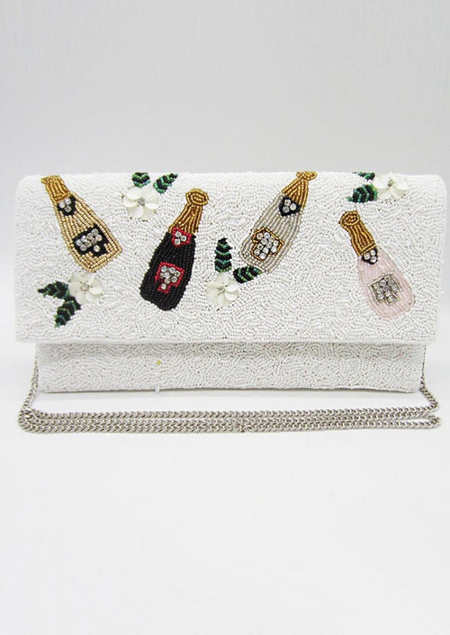 White Champagne Bottle Seed Bead Handbag-Stand out from the crowd with this unique champagne handbag made with seed beads and can be worn as a crossbody, shoulder bag or clutch! Great for Bridesmaids gifts!-Cali Moon Boutique, Plainville Connecticut