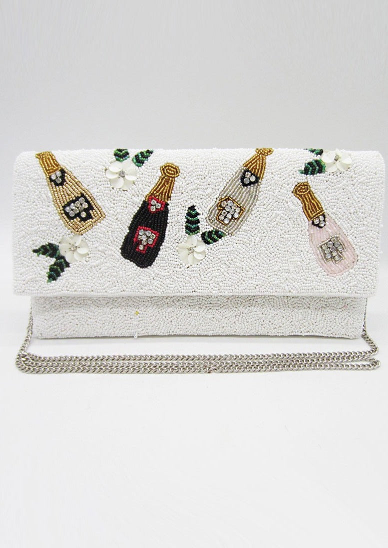 White Champagne Bottle Seed Bead Handbag-Stand out from the crowd with this unique champagne handbag made with seed beads and can be worn as a crossbody, shoulder bag or clutch! Great for Bridesmaids gifts!-Cali Moon Boutique, Plainville Connecticut