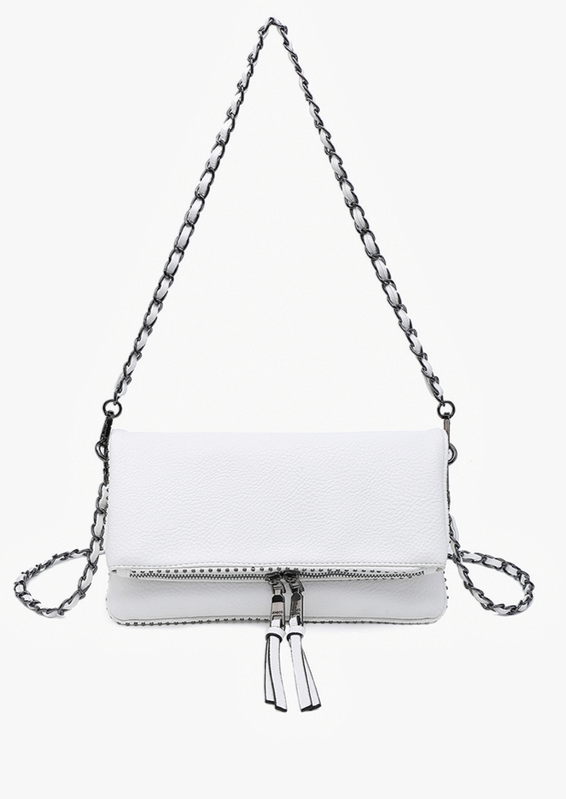 White Studded Chainlink Faux Leather Crossbody Handbag-<p>This ultra chic white faux leather handbag comes with TWO chainlink straps so you can wear the bag multiple ways to compliment your different outfits/moods. You can also remove the straps to wear as a clutch! This bags looks and feels like a million bucks!</p>
<p>&nbsp;</p>-Cali Moon Boutique, Plainville Connecticut