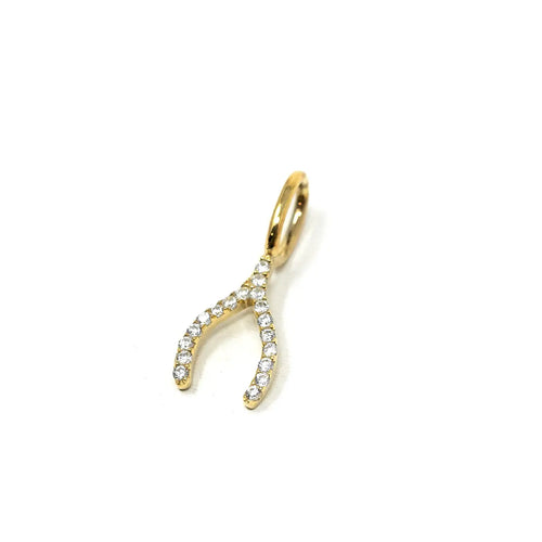 Wishbone Necklace Charm with Crystals-Gold Wishbone Charm with Crystals. Removable and interchangeable to layer with other charms on your favorite necklaces! Looks great with our Baby Ball, Skinny Rope and Mini Paperclip Chains! 
-Cali Moon Boutique, Plainville Connecticut