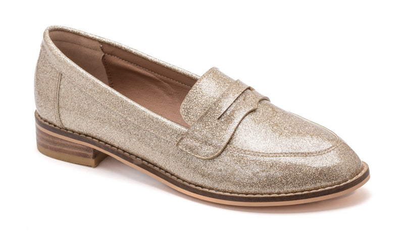 'Everyday Glam' Gold Shimmer Penny Loafers-These heeled booties are in the perfect cream color that will match with almost any color you can think of! Wear them dressed up with dresses and skirts or pair with all shades of denim. The cushioned sole will keep you comfy and cute as can be! -Cali Moon Boutique, Plainville Connecticut